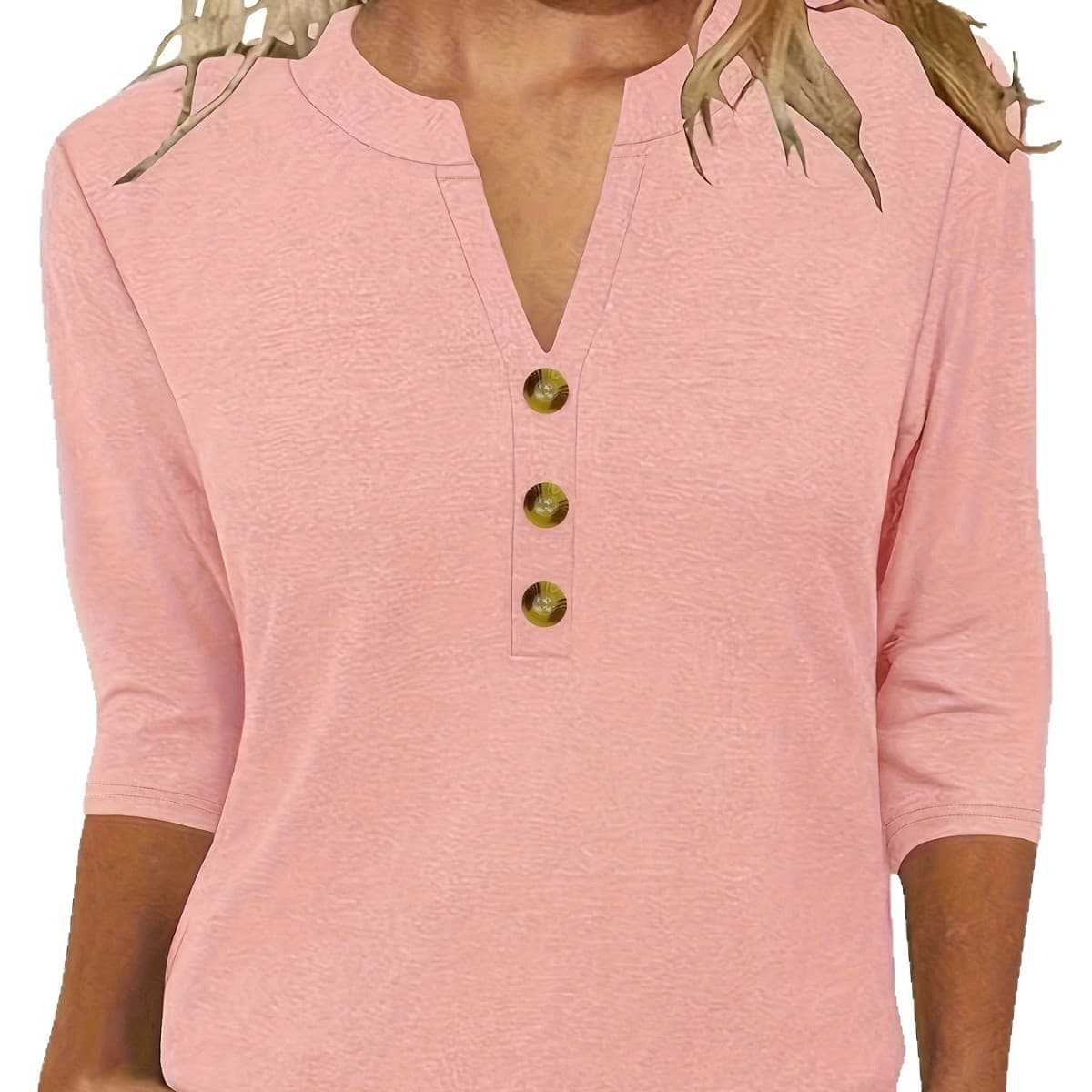 Spring and Summer New Women's Button Design V-Neck Three-Quarter Sleeve Casual Loose Fit Basic T-Shirt Versatile Top