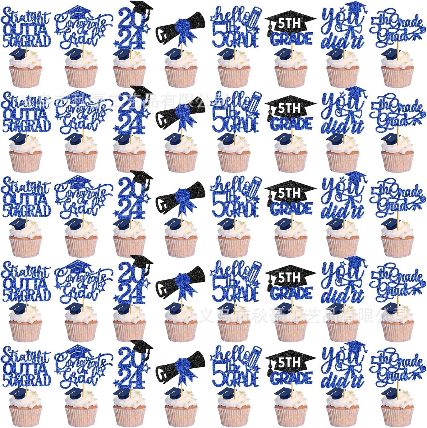 40 Graduation Cupcake Toppers 2024 Blue Glitter 5th Grade Graduation Party Decor New