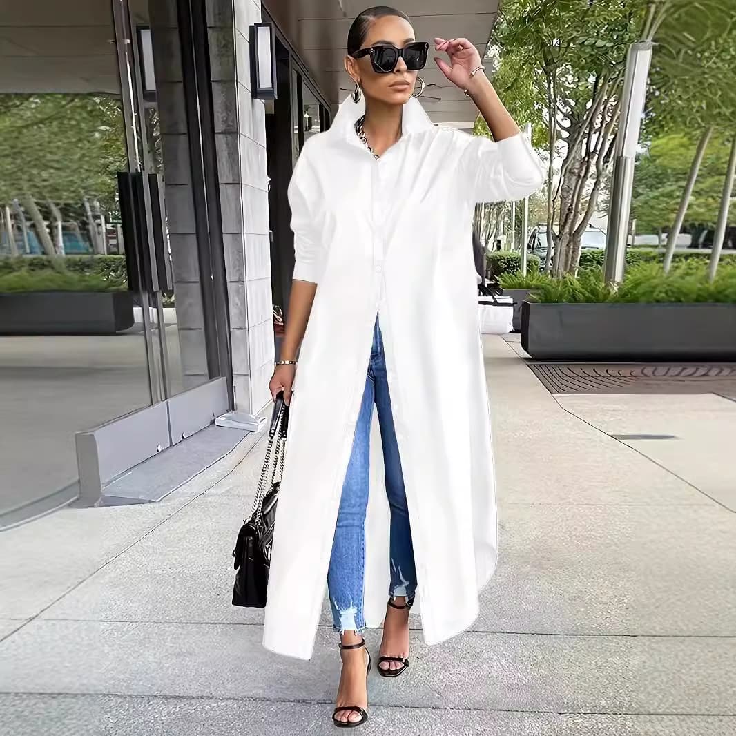 Plus size women's clothing 2024 cross-border autumn and winter fashion casual solid color long shirt loose long sleeve extra large size Japanese and Korean casual