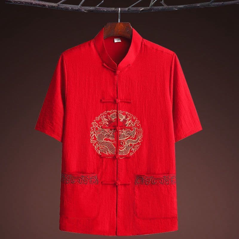 2022 Summer New Style Cotton Linen Short Sleeve Dad Tang Suit Men's Middle-Aged and Elderly Hanfu Red Casual Thin Grandpa Outfit