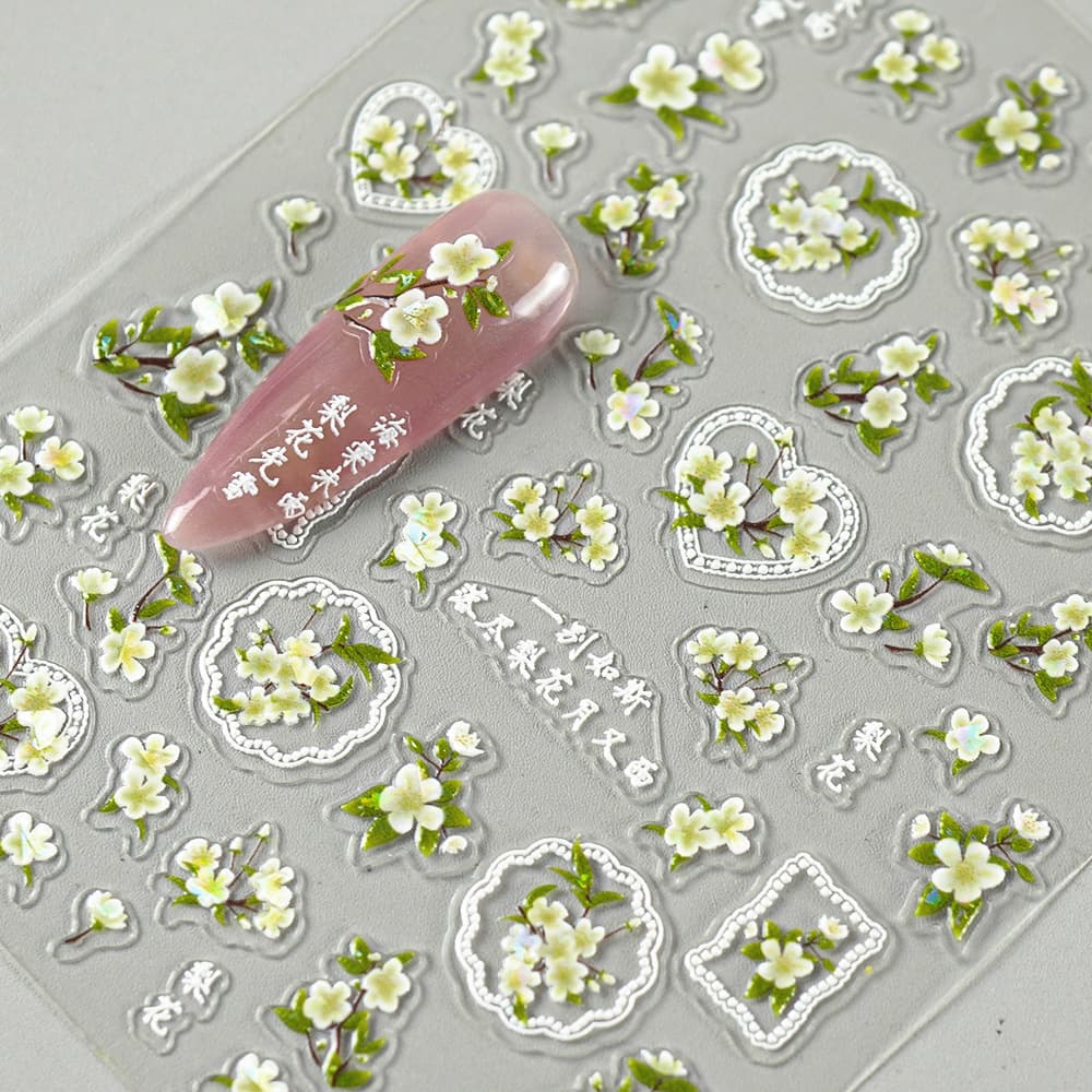Redanco New 5D Embossed Nail Stickers Ins Style Shell Glow Pear Flower 3D Nail Decals Z-2809