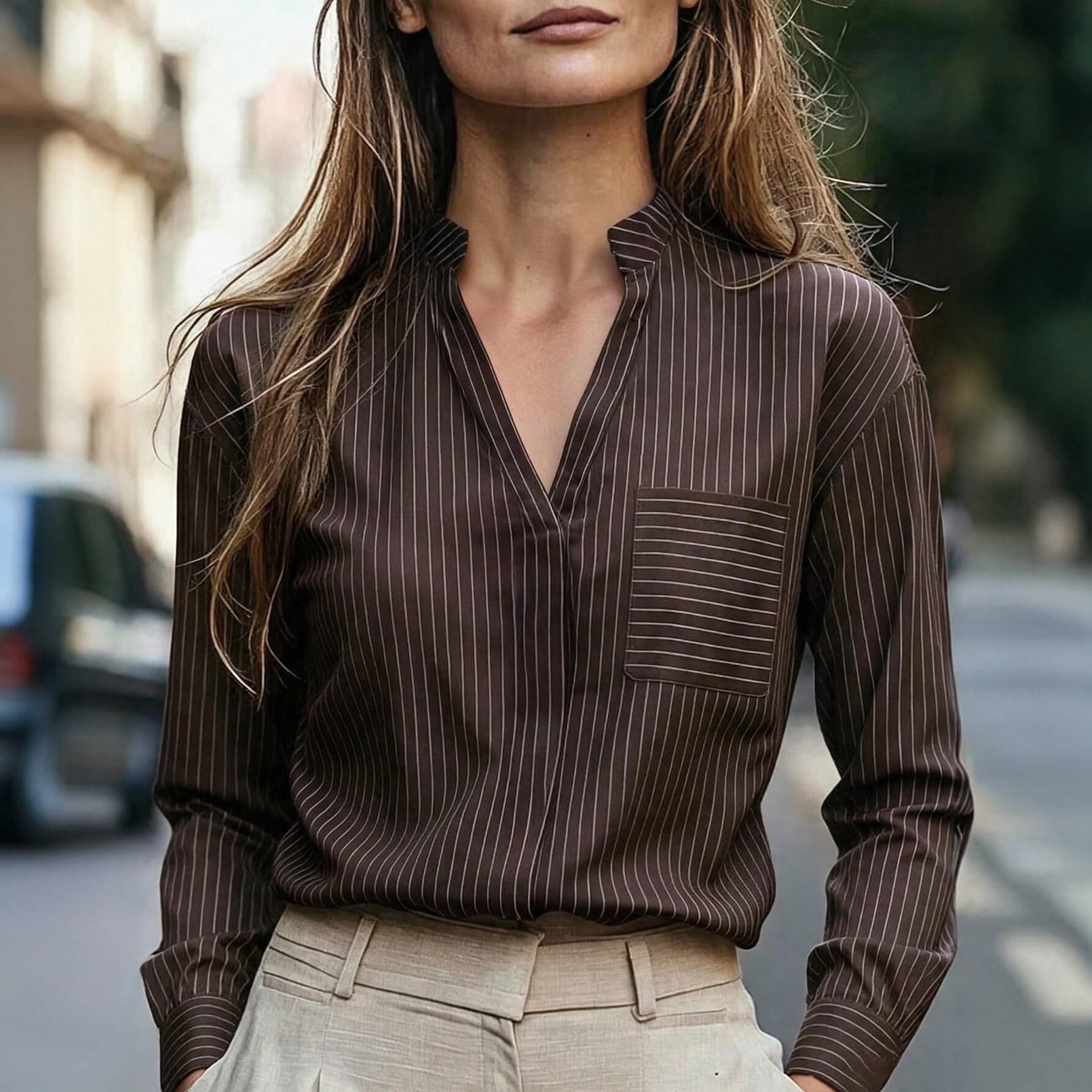 Striped V-Neck Long-Sleeve Shirt for Women, Spring/Autumn European & American Style Satin Slim Fit Top, Casual Women's Blouse