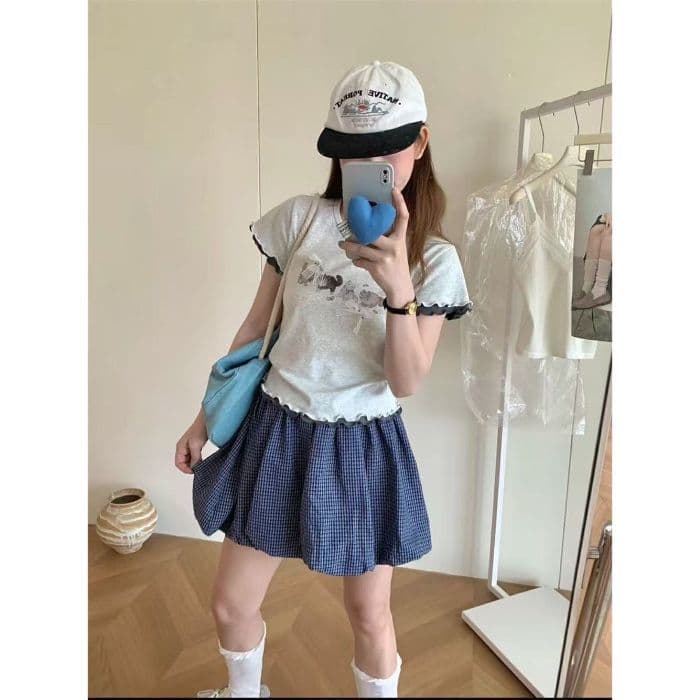 2026 super popular age-reducing cute cat print short-sleeved T-shirt for women summer vacation two-piece short top with fungus edge