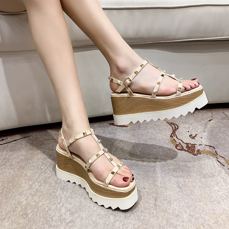 2026 New Summer Stella Platform Thick Sole Sandals Women Wedge Heel Rivet Flat Raised Roman Women's Shoes