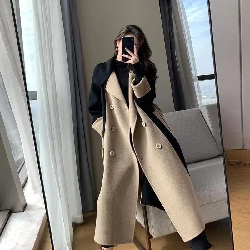 Wool Coat Women Long Winter New Double-Sided Fleece Wool Blend Color Block Elegant Hepburn Style Slimming Coat Autumn Winter
