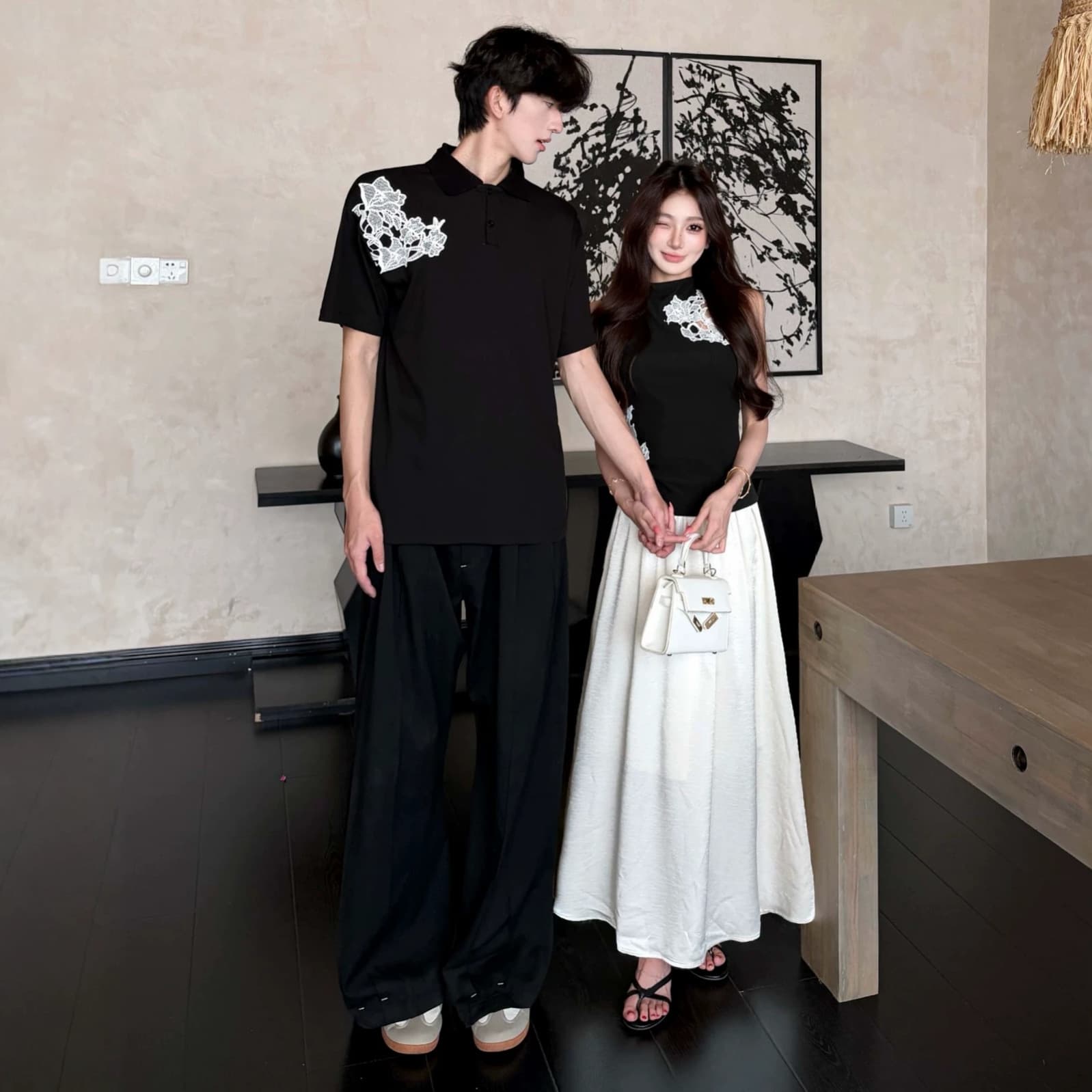 New Chinese style couple wear 2026 new summer national style one dress and one skirt retro waist women's T-shirt skirt suit