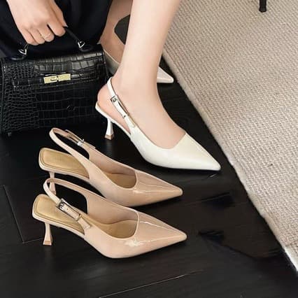Dayao French Style Thin Heel Pointed Toe Ankle Strap Nude High Heels Thin Heel Patent Leather Pointed Toe Open Back Sandals Sweet Style