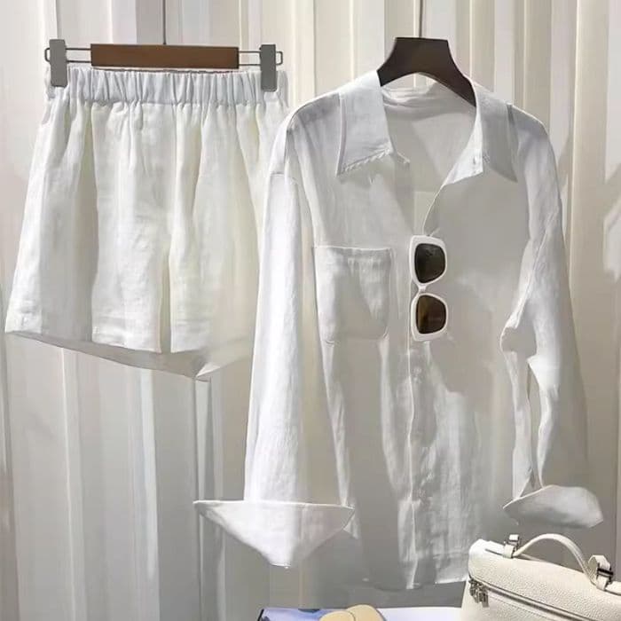 2025 New Summer Plus Size Cotton Linen Solid Color Two-Piece Set for Women, European and American Style Long-Sleeve Shirt and Shorts