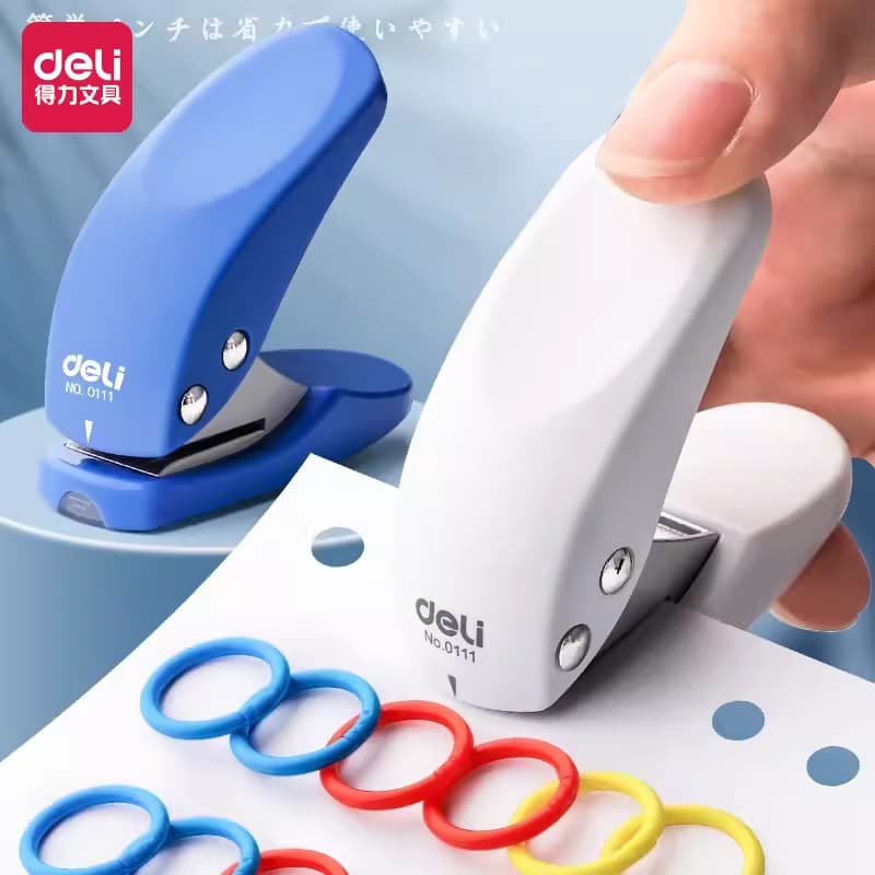 Deli 0111 single-hole punch, small binding rings, loose-leaf round hole puncher for paper and card organization.