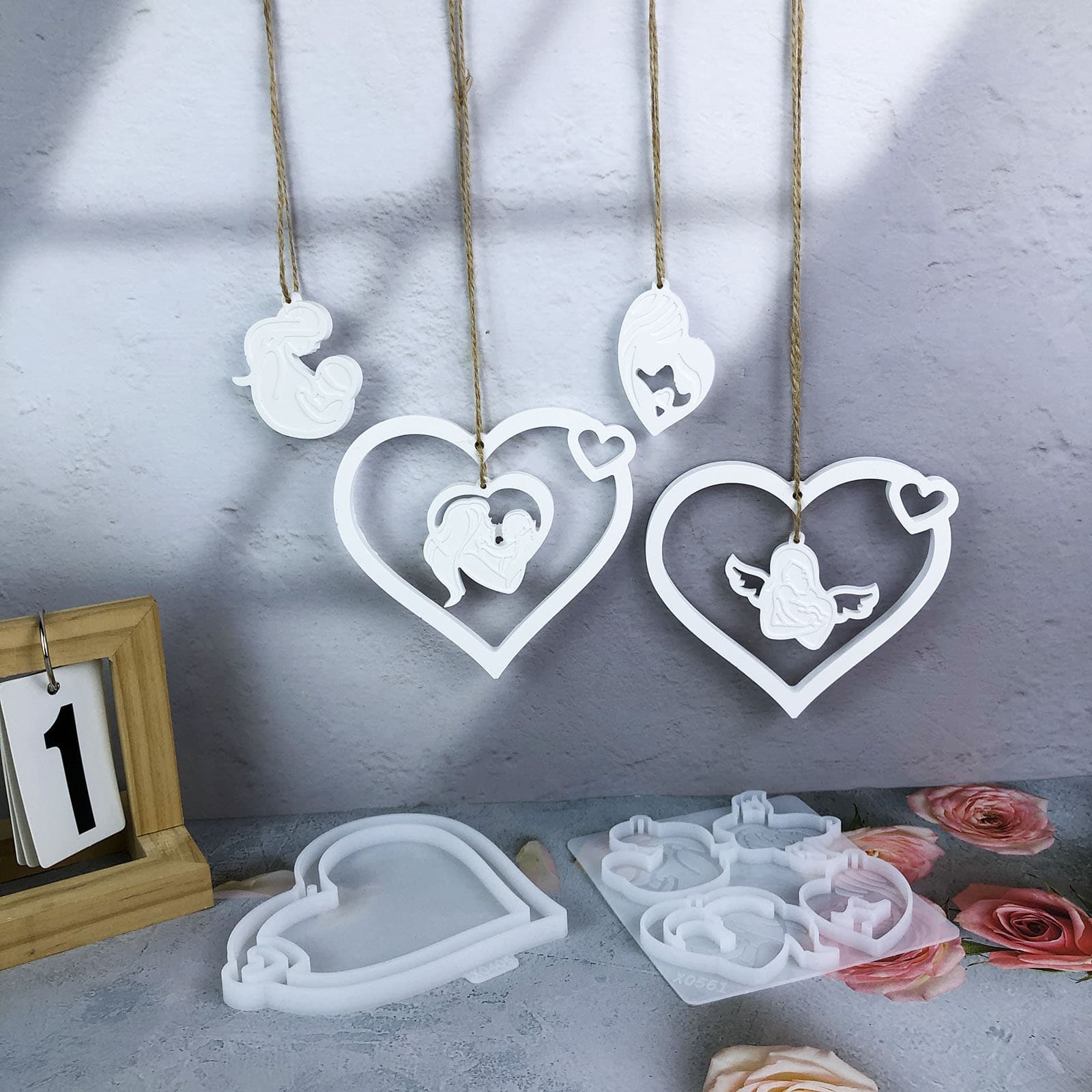 X0405+X0561 Heart-shaped Hanger Ring Decorative Cement Plaster Mold DIY Silicone Mold