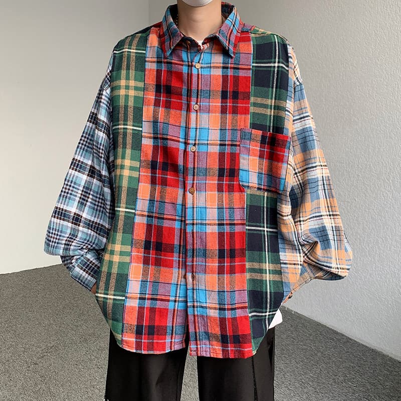 Patchwork Shirt for Men, Long-Sleeved, Spring and Autumn, Trendy Korean Style, Versatile, Casual, Lazy Style, Hip-Hop Style Shirt for Boys