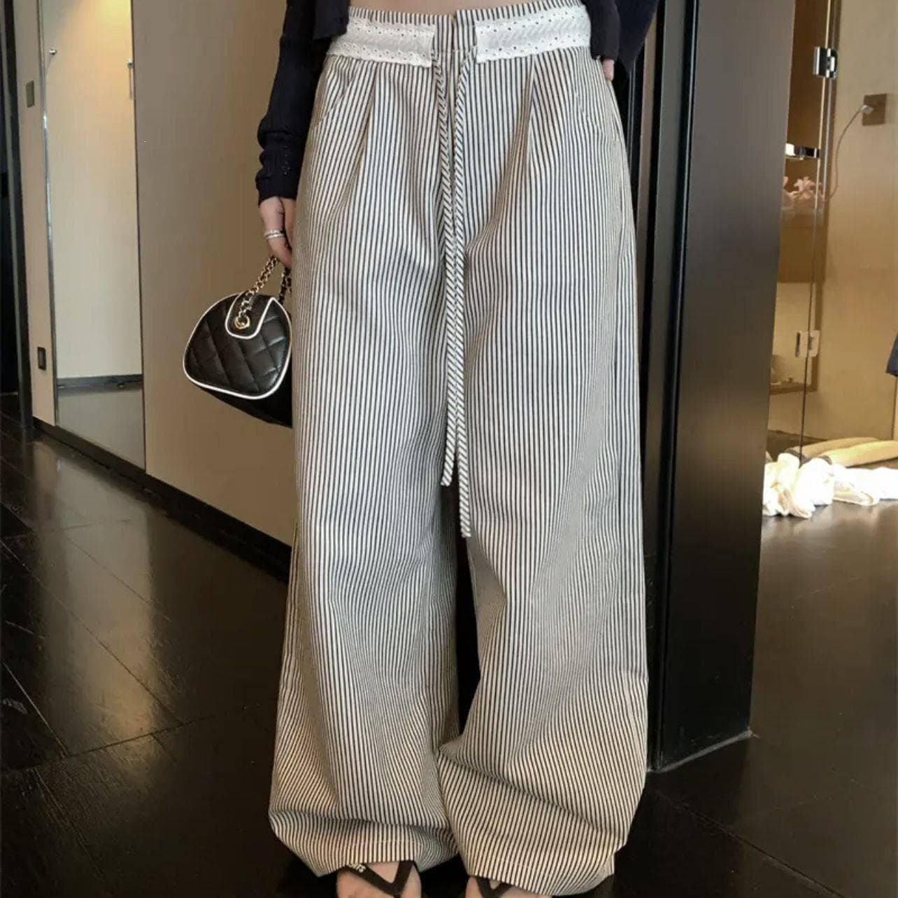 Summer New Style Lace Patchwork Striped Straight-Leg Casual Pants, Lazy Wide-Leg Pants, Versatile Loose Long Pants