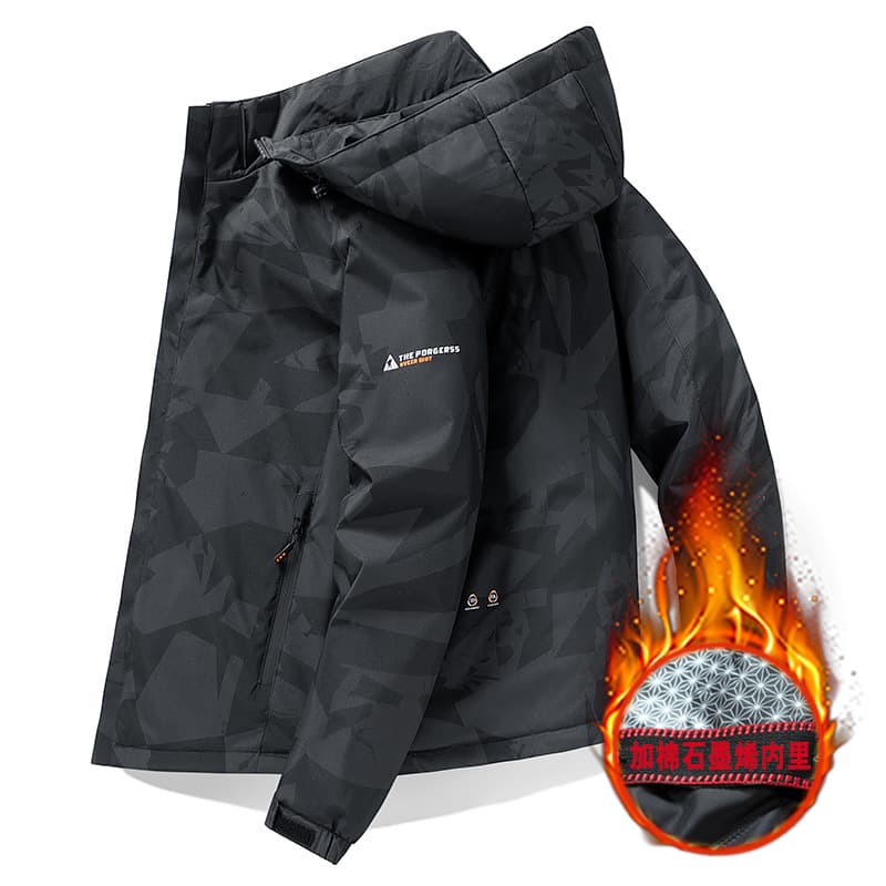 Men's Winter Thickened Graphene Fleece Lined Hooded Cotton Jacket Outdoor Coat Warm Casual Zipper Closure Polyester Fabric