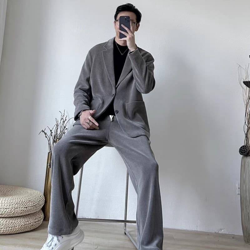Chunqiu Men's Corduroy Suit Jacket Set Korean Style New Trendy Retro Light Mature Suit Jacket