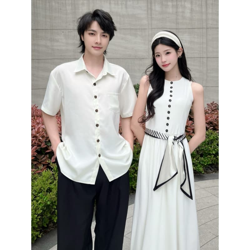 2026 Summer New Couple Outfit Slimming Little White Dress Retro Street Style Waist-Cinching Dress Dark Style T-Shirt