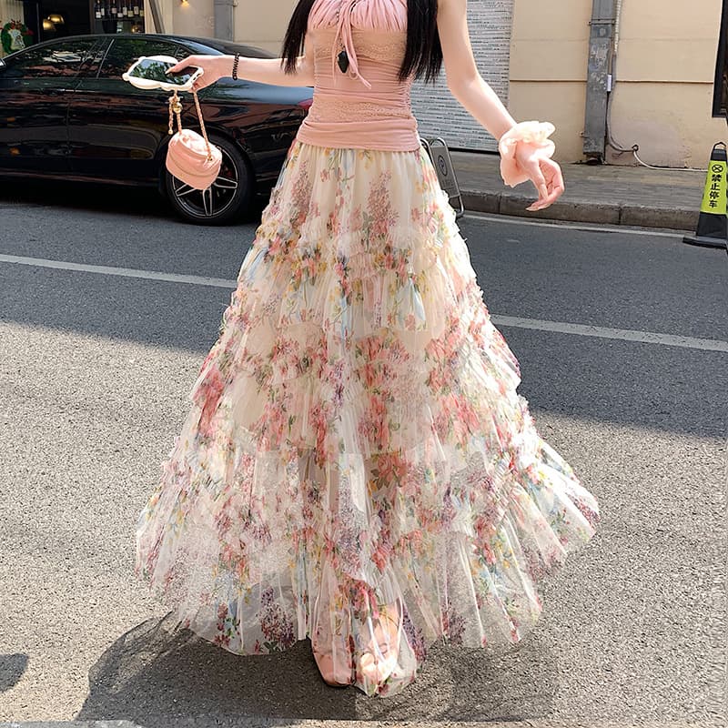 Heavy Industry Patchwork Printed Mesh Cake Skirt Women's Summer New Slimming Long Skirt Half Skirt Umbrella Skirt