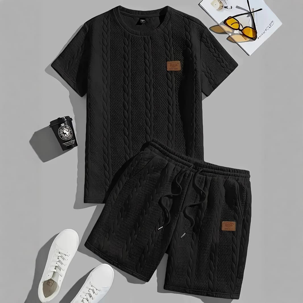 Cross-border European and American Men's Solid Color Patch Design Summer 2026 Knitted Casual Ribbed Short Sleeve Two-Piece Set