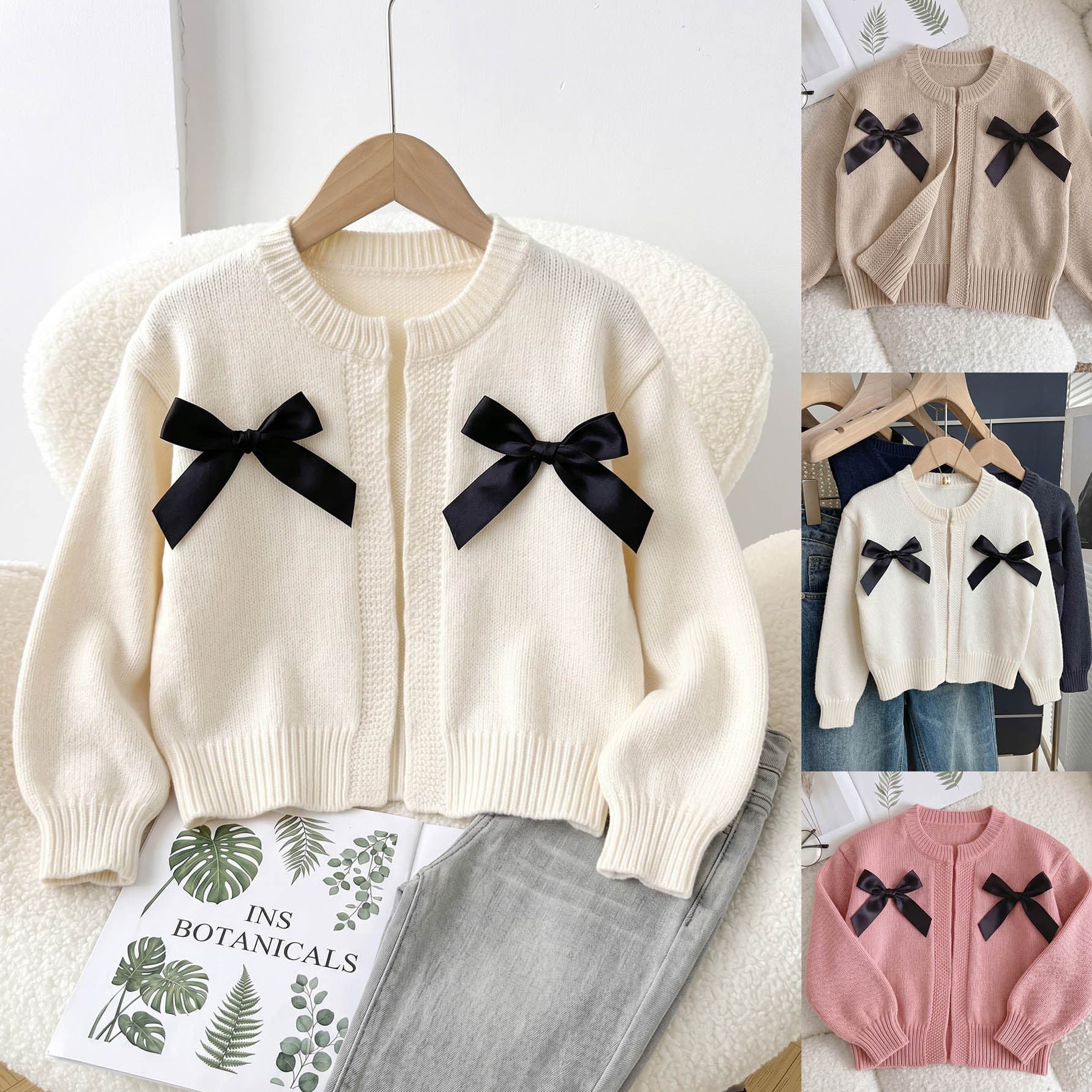 Children's Ribbon Double Bow Knitted Casual Cardigan Cross-border European and American Style Solid Color Long Sleeve Sweater Cardigan for Girls