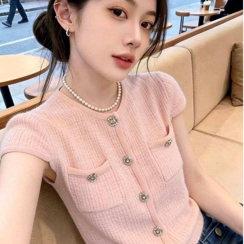 Chanel-style Round Neck Diamond Button Short Sleeve Commuter Knit Cardigan Women's Summer High-end Slim Short Top