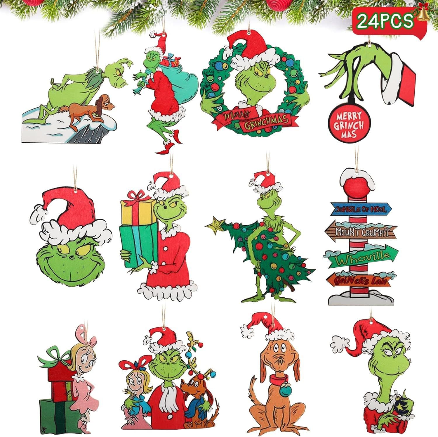 24-Piece Christmas Tree Ornaments Grinch Cute Wooden Christmas Tree Decoration Holiday Indoor Home Party Favors