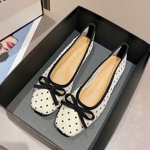 2025 Spring Summer Autumn Polka Dot Breathable Mesh Wave Point Shallow Mouth Soft Sole Boat Shoes Bean Shoes Square Toe Flat Women's Shoes
