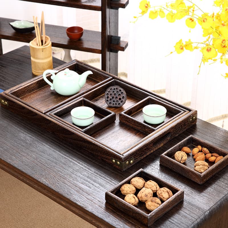 Japanese-style wooden snack tray set for tea ceremony, vintage tea tray, afternoon tea pastry and dried fruit serving tray