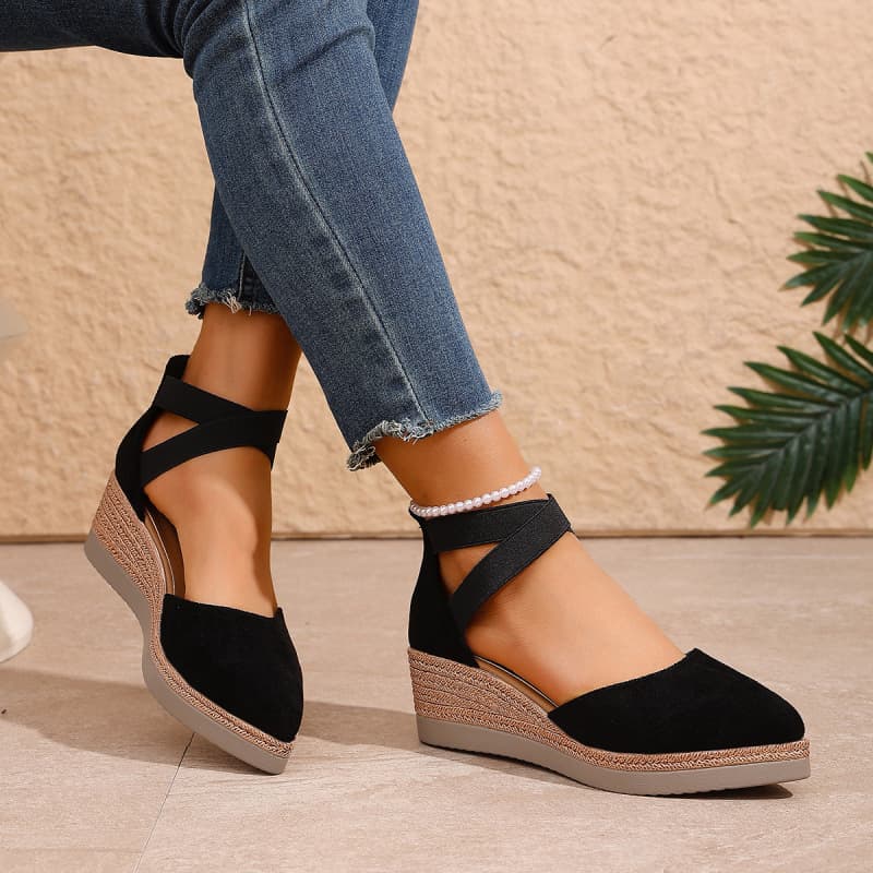 Bohemian Round Toe Platform Wedge Sandals Roman Lace-Up High Heel Sandals Hollow Out Summer Straw Sandals for Women