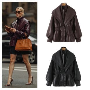 TOP&ZA Cross-Border 2025 New Spring/Autumn Women's Fashion Turn-Down Collar Lantern Sleeve Faux Leather Jacket Coat