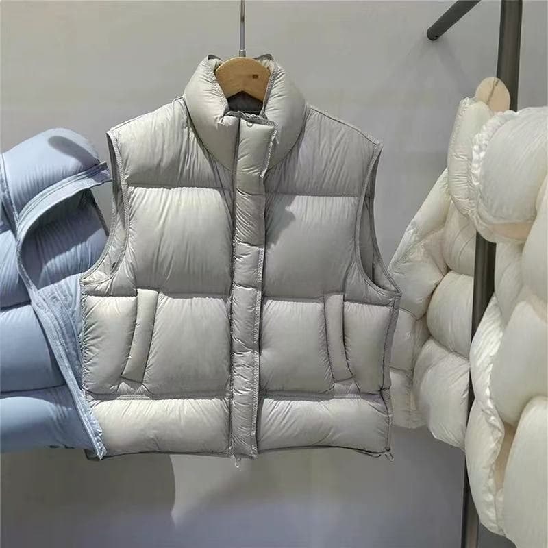 European high-end down vest women 2025 winter new style stand-up collar thickened puff pastry white duck down shoulder jacket