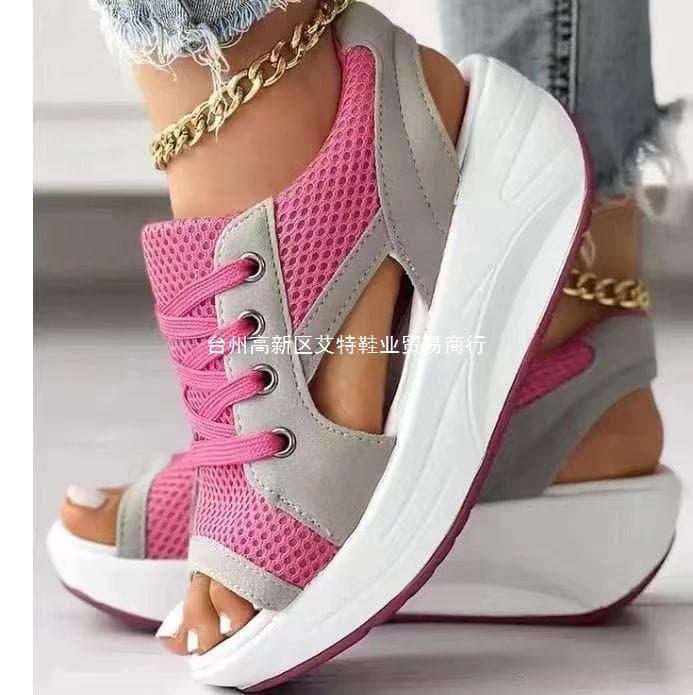 European and American cross-border plus size sandals women's summer new fashion peep toe sandals lace-up wedge rocking bottom sports sandals