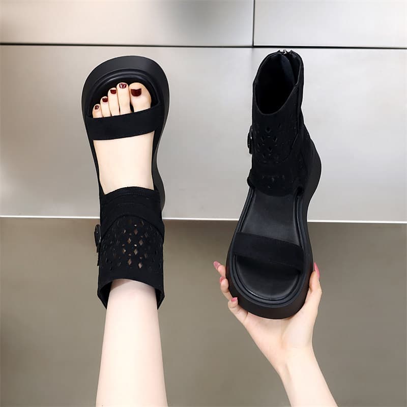 Retro Style Thick-Soled Roman Sandals for Women 2026 Summer Casual Suede High-Top Boots Fashion Slimming Hollow-Out Women's Shoes