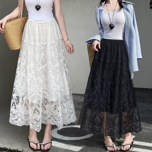 New Lace Mesh Pleated Skirt for Women Summer High-Waist Slimming A-Line Umbrella Skirt Long Skirt with Drape