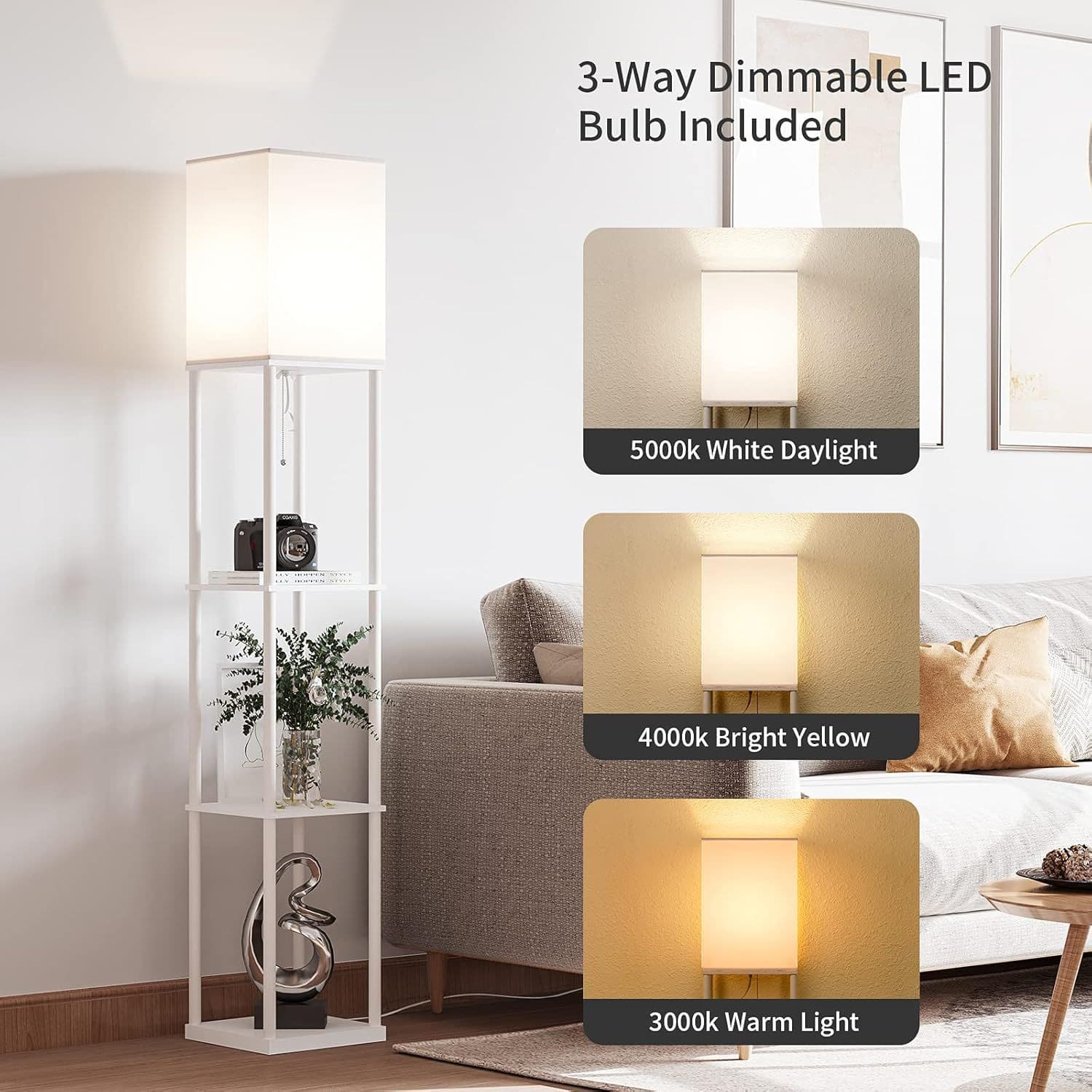 White Fabric Shade Floor Lamp with Shelf Bookcase Floor Lamp Zipper Switch Cylindrical Iron Floor Lamp