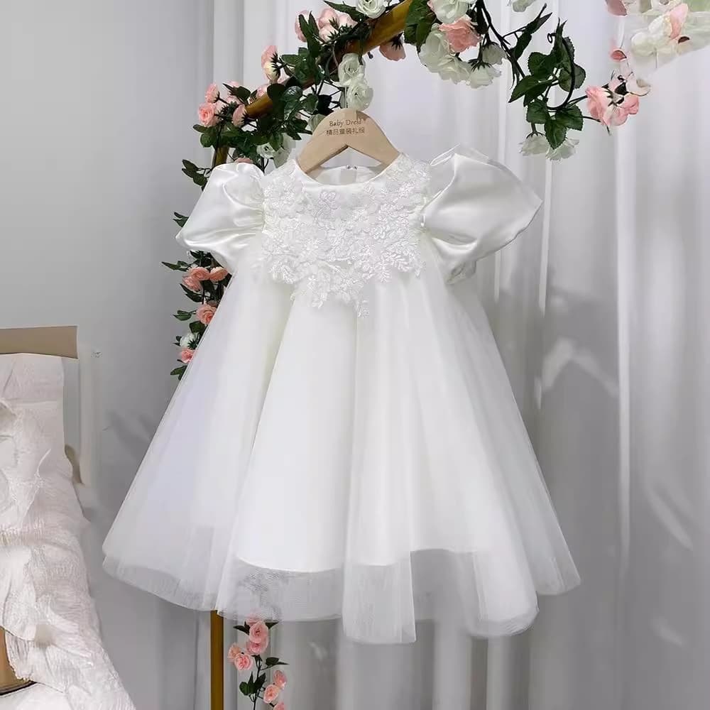 Kids Fashionable Baby Girl First Birthday Gown High-Waist Birthday Princess Dress Tutu 100-Day Dress Puff Sleeve