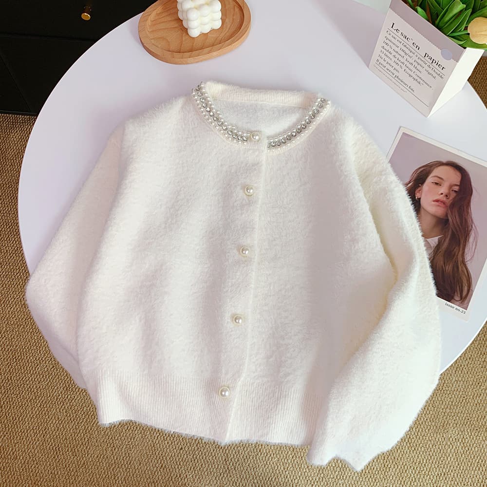 Heavy Work Bead and Rhinestone Little Fragrant Style Knitted Cardigan Women Autumn/Winter New Style Design Sense Niche Faux Mink Fur Sweater Coat