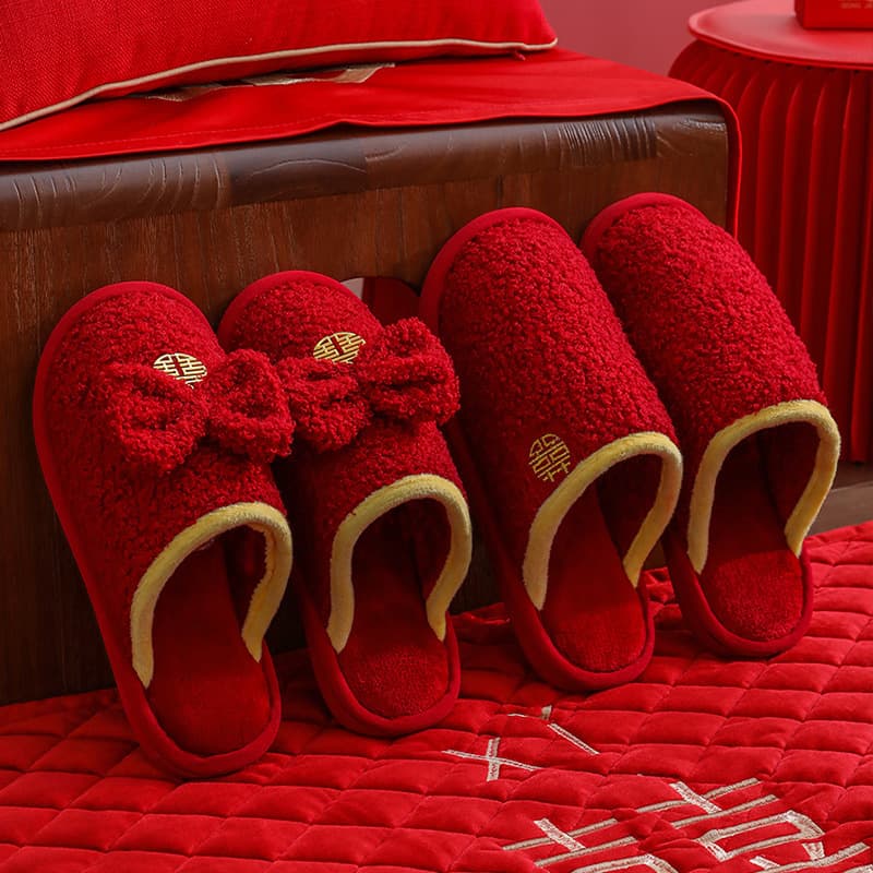 Wedding dowry supplies, new couple cotton slippers pair, autumn and winter indoor, festive wedding red slippers for groom and bride