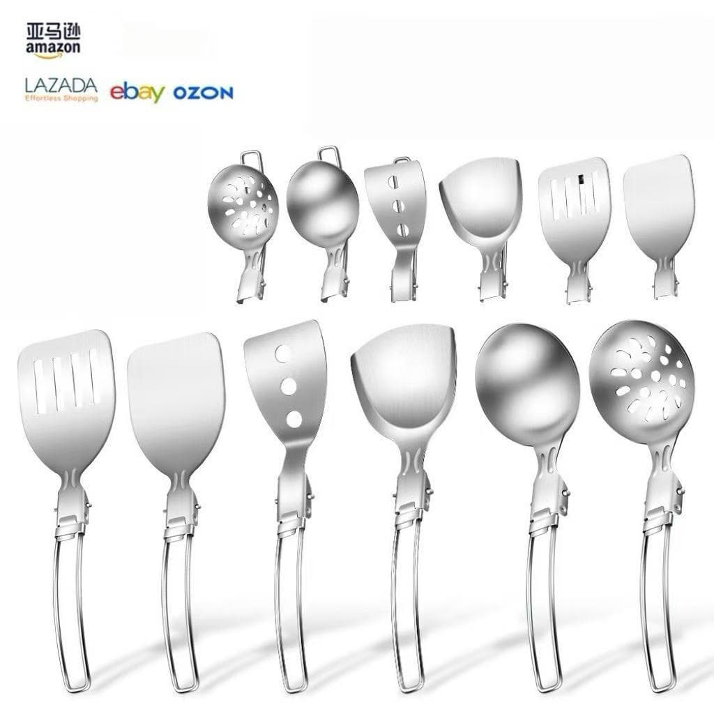 Outdoor folding kitchenware set camping travel portable 304 stainless steel cooking pot spatula spoon cross-border meal kitchenware