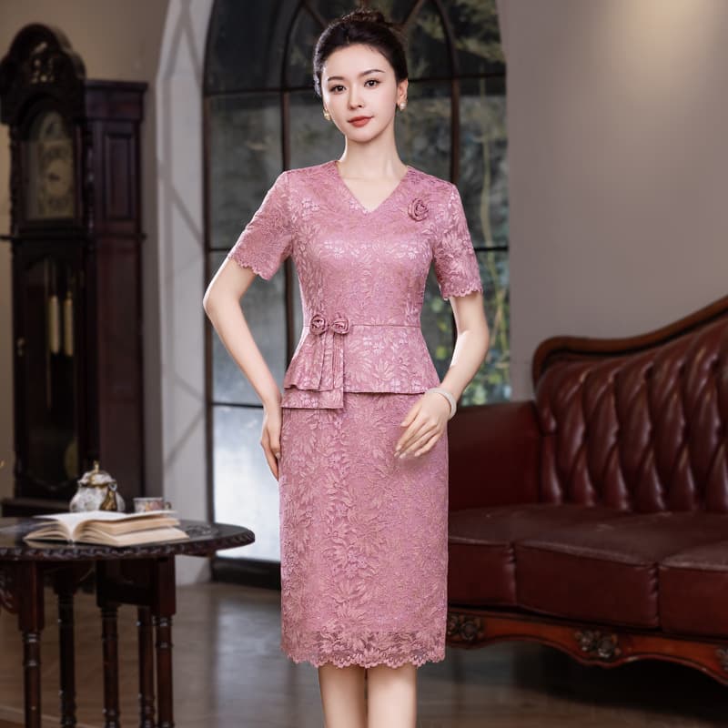 2025 Summer New Mother Dress Pink Lace Short Sleeve Wedding Mother of Groom Dress Drop Shipping