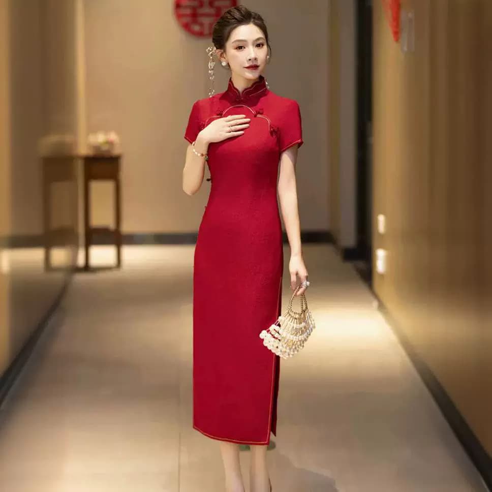 Red Silk Cheongsam 2026 New Summer Style, Mulberry Silk, Elegant Collar, Suitable for Mother of the Bride, Wedding Banquet, Bride's Cheongsam, Engagement Dress