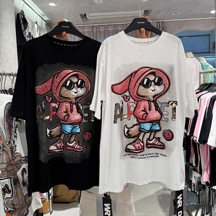 Heavy Embroidery Cotton Short Sleeve T-Shirt Women's Plus Size Mid-Length Crew Neck Pure Cotton Long-Tailored Rabbit Design