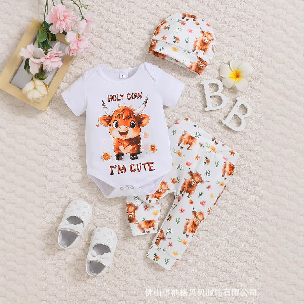 Cross-border foreign trade baby boy and girl suit short-sleeved cartoon western cowboy print jumpsuit trousers three-piece set