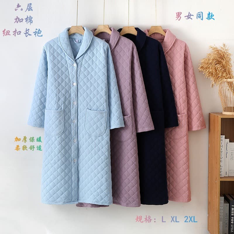 Six-Layer Gauze Cotton-Padded Thickened Robe with Green Fruit Collar and Buttons, Unisex Loungewear