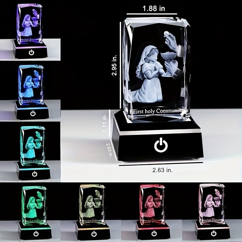 3D Engraved Crystal LED Night Light - First Communion Praying Girl with Veil