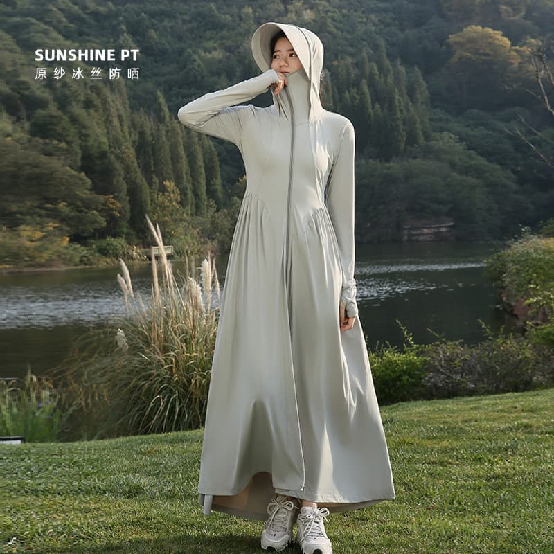 2026 New Women's Ice Silk Long UV Protection Summer Full-Body Sunscreen Dress with Waist Cinching