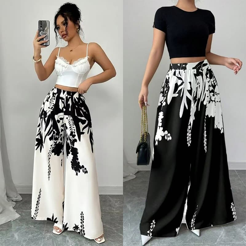 2026 cross-border summer and autumn women's fashion black and white printed slim casual women's wide-leg pants