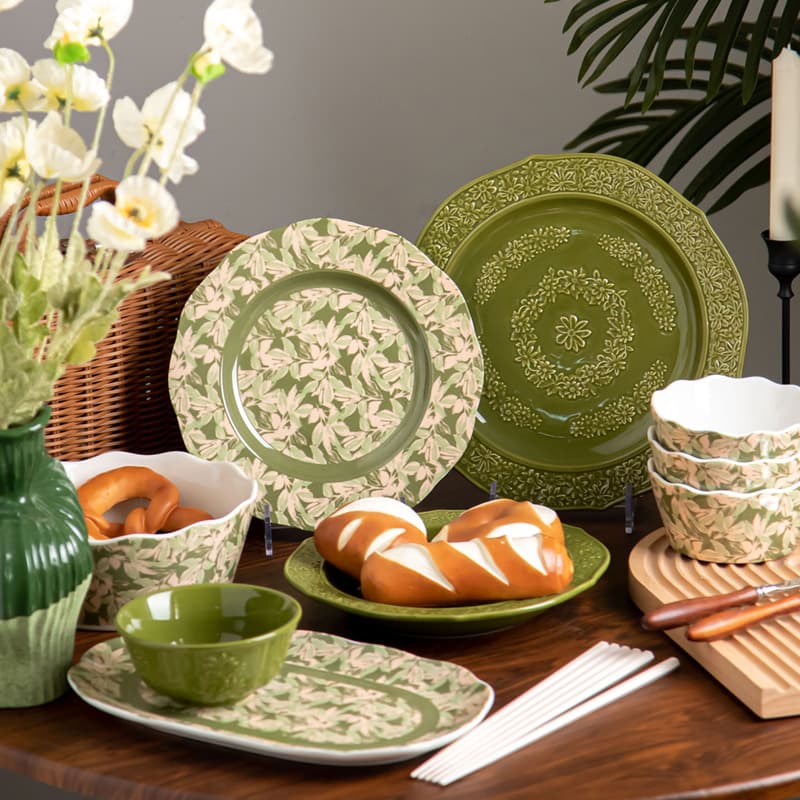 Paiyi Vintage Green Relief Ceramic Dinnerware Set 2025 New Bowl Plate Dish Combination Wedding Housewarming Gift Box