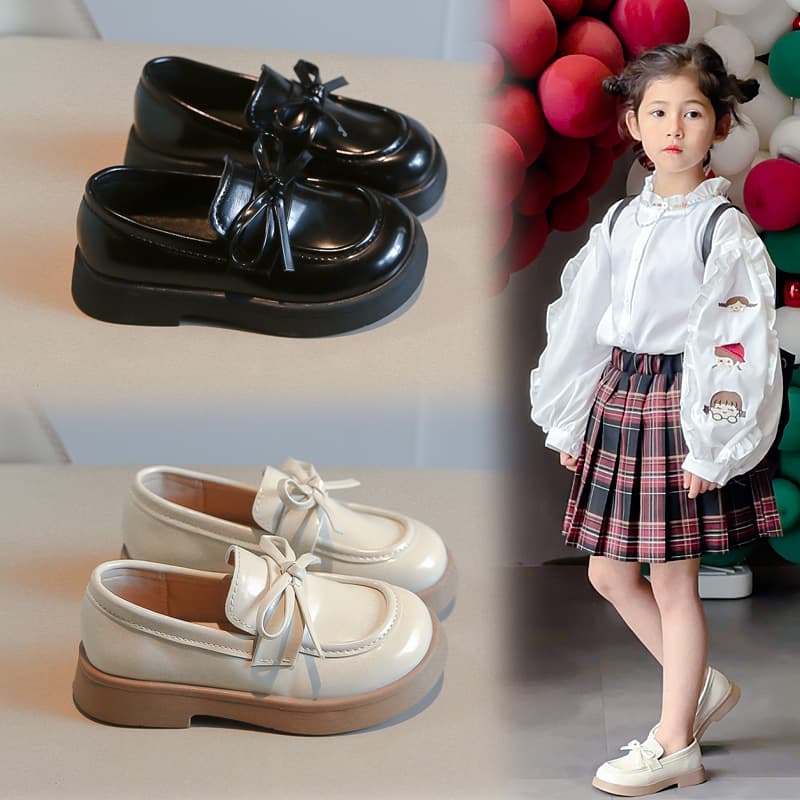 Girls' black leather shoes, 2025 spring and autumn new style, soft-soled princess bow single shoes, simple slip-on loafers