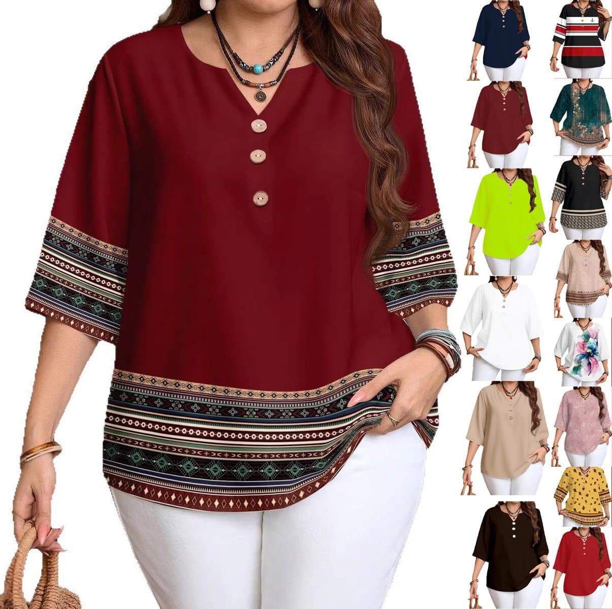 2026 Plus Size Women's Cross-Border Amazon Spring/Summer/Autumn Retro Graphic Front Button Casual Shirt