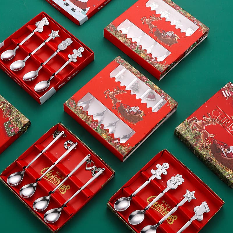 INS Stainless Steel Christmas Spoon Set - Creative Pendant Design Dessert/Coffee Spoons, 4-Piece Gift Box