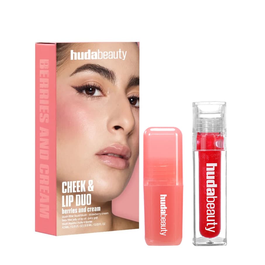 HUDABEAUTY CHEEK LIP DUO BERRIES AND CREAM Blush and Lip Oil Set